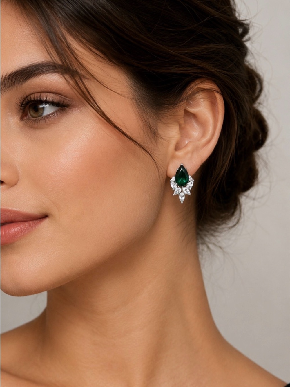 Emerald Green Pear-Cut Crystal Stud Earrings — Silver Tone